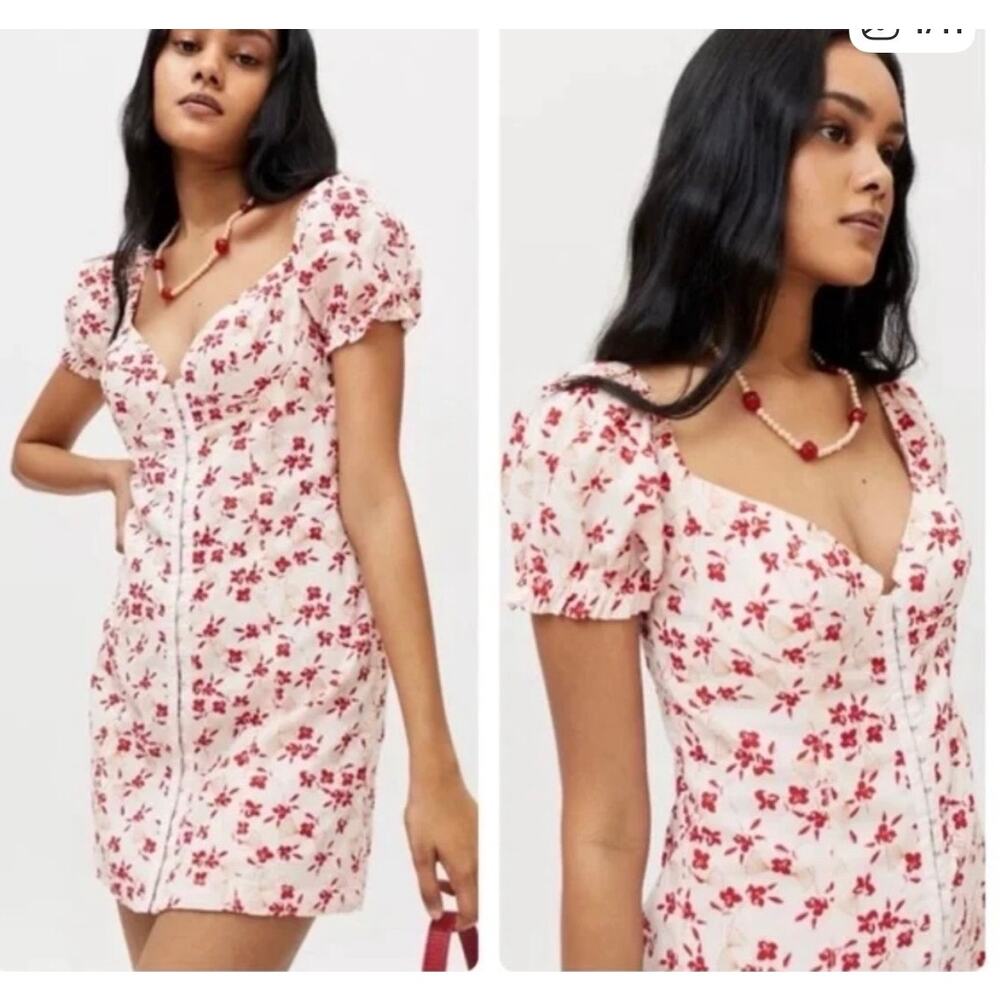 Urban Outfitters Britney Hook & Eye Mini Dress Cherry Blossom Y2K Puff Sleeve SP
